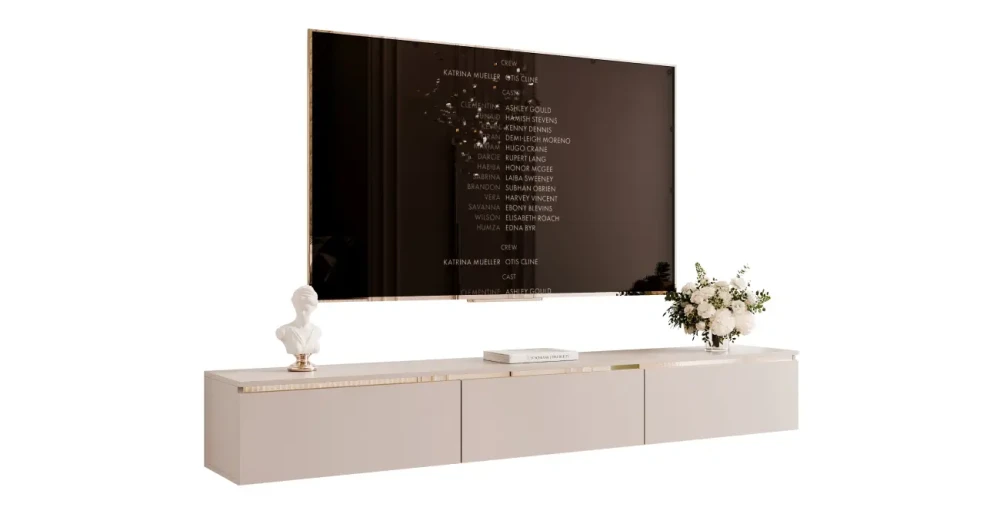 Seitenansicht des modernen, hängenden TV-Lowboards SELIA (200 cm) in Kaschmir mit Goldakzenten, sauber freigestellt auf weißem Hintergrund.