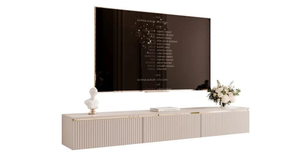 Seitenansicht des modernen, hängenden TV-Lowboards SELIA (200 cm) mit geriffelten Fronten in Kaschmir und Gold, sauber freigestellt auf weißem Hintergrund.