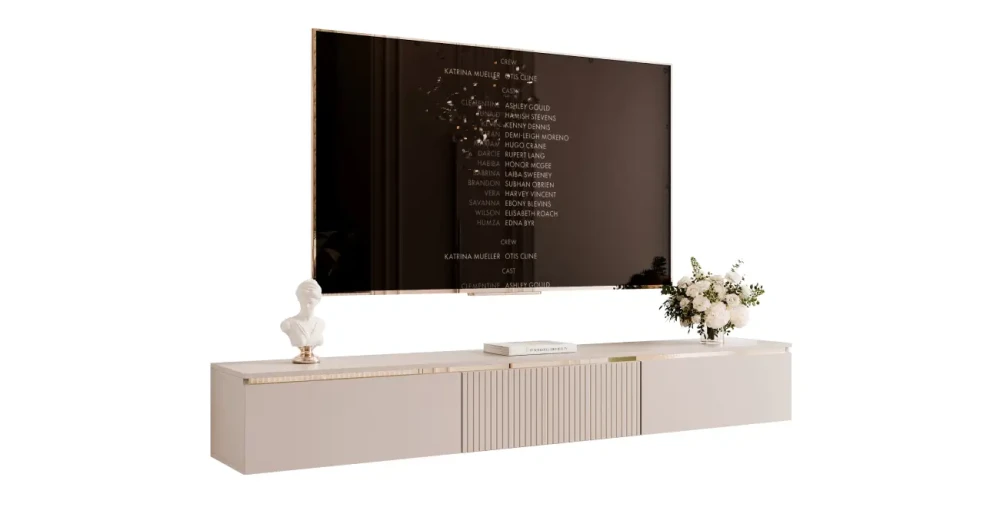 Seitenansicht des eleganten TV-Lowboards SELIA (200 cm) mit geriffelter Front in Kaschmir und Gold, sauber freigestellt auf weißem Hintergrund.