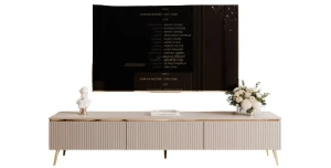 Stehendes TV-Lowboard SELIA 200 cm | 3 Rillenfronten | auf goldenen Füßen – Kaschmir