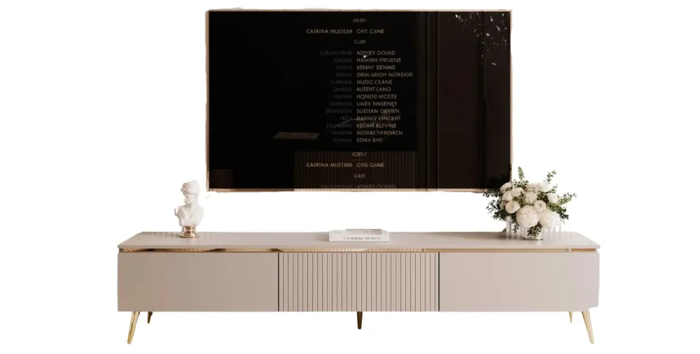 Frontale Ansicht des 200 cm breiten TV-Lowboards SELIA in edlem Kaschmir, die die einzelne Rillenfront zeigt, freigestellt auf weißem Hintergrund.