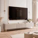 Schräge Ansicht des stehenden TV-Lowboards SELIA 200 cm (Kaschmir), stilvoll arrangiert und harmonisch integriert in ein luxuriöses Wohnambiente.