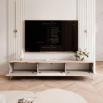 Das stehende TV-Lowboard SELIA 200 cm mit geöffneten Fronten, das den großzügigen Stauraum für Multimedia-Geräte und Zubehör zeigt.