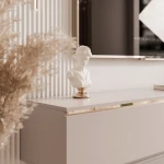 Nahaufnahme des TV-Lowboards SELIA, welche das Design der einzelnen geriffelten Rillenfront in Kaschmir im Detail präsentiert.