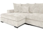 Nahaufnahme der Polsterung des Ecksofas SELLO L, welche die feine und kuschelige Textur des hochwertigen Flow (Chenille) Stoffes im Detail präsentiert.