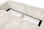 Das ausgeklappte Ecksofa SELLO L aus Flow (Chenille) Stoff mit geöffnetem, integriertem Bettkasten, der großzügigen Stauraum für Kissen und Decken bietet.