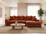 Frontalansicht des modernen Ecksofas SELLO L mit weichem Bezug aus Flow (Chenille), stilvoll arrangiert in einem modernen Wohnzimmer.