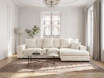 Frontalansicht des modernen Ecksofas SELLO L mit weichem Bezug aus Flow (Chenille), stilvoll arrangiert in einem modernen Wohnzimmer.