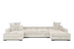 Frontale Ansicht der Wohnlandschaft SELLO U-Form aus weichem Flow (Chenille) Stoff, die maximalen Sitzplatz und Komfort vereint, freigestellt auf weißem Hintergrund.