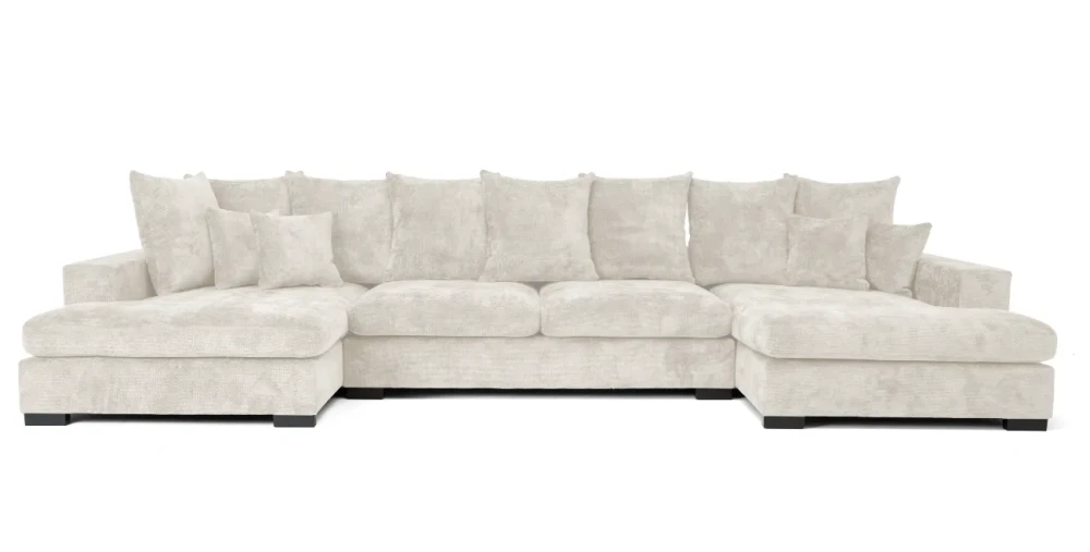Frontale Ansicht der Wohnlandschaft SELLO U-Form aus weichem Flow (Chenille) Stoff, die maximalen Sitzplatz und Komfort vereint, freigestellt auf weißem Hintergrund.