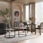 Schräge Ansicht des Couchtisch-Sets LAVO 2in1 mit schwarzem Gestell, stilvoll arrangiert und harmonisch integriert in eine moderne Wohnumgebung.