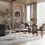 Schräge Ansicht des Couchtisch-Sets LAVO 2in1 mit weißem Gestell, stilvoll arrangiert und harmonisch integriert in eine moderne, helle Wohnumgebung.