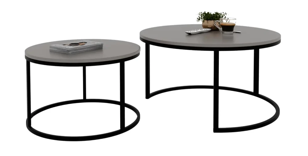 Schräge Seitenansicht des vielseitigen Couchtisch-Sets LAVO 2in1 mit schwarzem Gestell, sauber freigestellt auf weißem Hintergrund.
