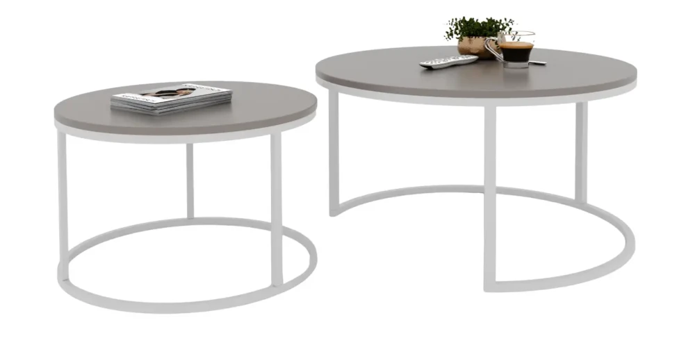 Schräge Seitenansicht des vielseitigen Couchtisch-Sets LAVO 2in1 mit weißem Gestell, sauber freigestellt auf weißem Hintergrund.