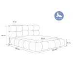 Technische Skizze des Polsterbettes BOREA, die die genauen Abmessungen der 140x200 cm großen Liegefläche für eine optimale Raumplanung zeigt.