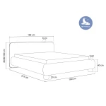 Technische Skizze des Polsterbettes OVELIO SLIM, die die genauen Abmessungen der 160x200 cm Liegefläche und den schmalen Rahmen für eine optimale Raumplanung zeigt.