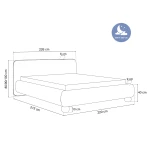 Technische Skizze des Polsterbettes OVELIO SLIM, die die genauen Abmessungen der 200x200 cm Liegefläche und den schmalen Rahmen für eine optimale Raumplanung zeigt.
