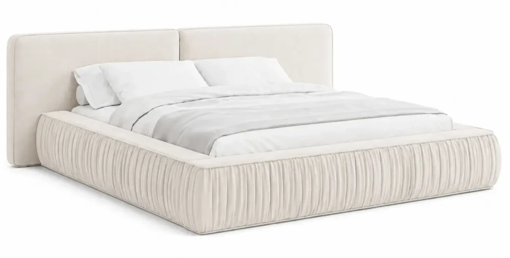 Schräge Ansicht des eleganten Polsterbettes im weichen Stoff Riviera 02, sauber freigestellt auf weißem Hintergrund.(Bed 08)