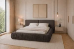Schräge Ansicht des Polsterbettes im edlen Stoff Riviera 26, stilvoll arrangiert und harmonisch integriert in ein gemütliches Schlafzimmer.