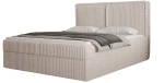 Schräge Ansicht des modernen Bettes im edlen Stoff Ambience 02, sauber freigestellt auf weißem Hintergrund. (boxbed 04)