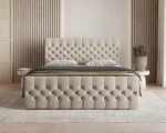 Frontalansicht des eleganten Bettes im Stoff Manila 02, stilvoll arrangiert und harmonisch in ein modernes Schlafzimmer integriert.