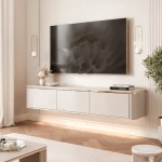 Glattes TV-Board Zalia in Kaschmir mit eingeschalteter LED-Beleuchtung unter dem Fernseher.