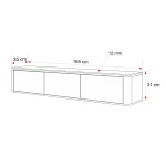 Abmessungen des TV-Lowboards Zalia glatt: Breite 165 cm, Höhe 31 cm, Tiefe 35 cm, Platte 12 mm.