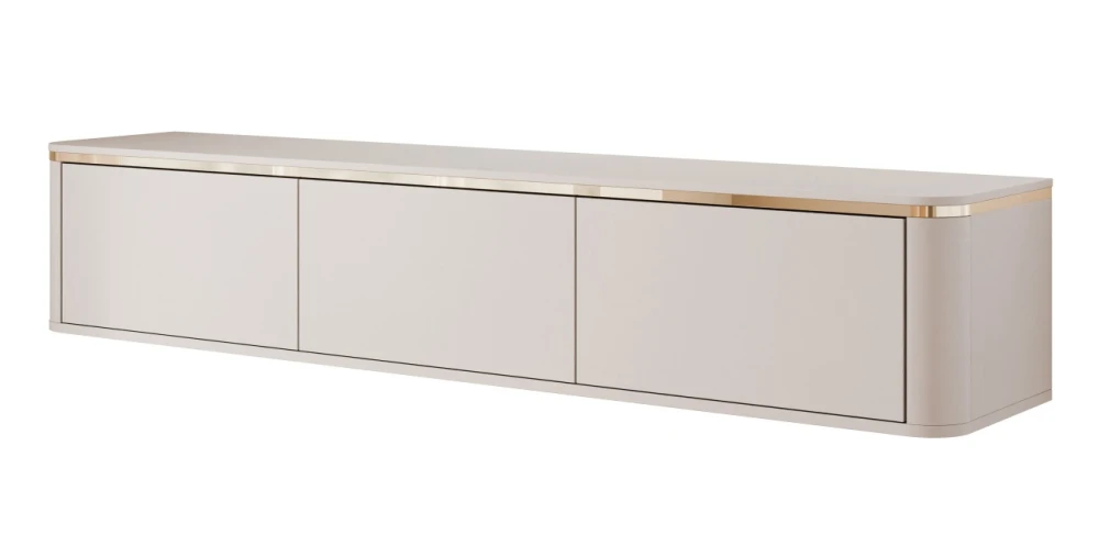 Modernes, schwebendes TV-Board Zalia Kaschmir mit glatten Fronten auf weißem Hintergrund.