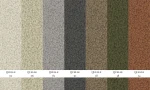 Farbpalette und Stoffmuster der Bouclé-Kollektion Quelle für das Ecksofa Prima Studio, die verschiedene Farboptionen wie Creme, Grau, Grün und Braun präsentiert.