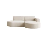Frontale Ansicht des modernen Ecksofas Prima Studio in der Farbe Creme mit strukturiertem Stoff, sauber freigestellt auf weißem Hintergrund.