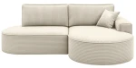 Frontale Ansicht des modernen Ecksofas Prima Pro im weichen Cordstoff Poso 100, sauber freigestellt auf weißem Hintergrund.
