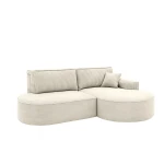 Schräge Ansicht des modernen Ecksofas Prima Pro im hellen Cordstoff Poso 100, sauber freigestellt auf weißem Hintergrund.