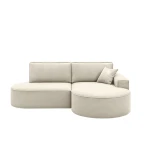 Frontale Ansicht des asymmetrischen Ecksofas Prima Pro im weichen Cordstoff Poso 100, sauber freigestellt auf weißem Hintergrund.