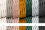Farbpalette und Stoffmuster der Cord-Kollektion Poso für das Ecksofa Prima Pro, die verschiedene Farboptionen wie Beige, Rosa, Senf, Grün, Grau und Anthrazit präsentiert.