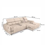Technische Skizze des Ecksofas Aldo, die die genauen Abmessungen, Sitzhöhen und Proportionen für eine optimale Raumplanung detailliert darstellt.