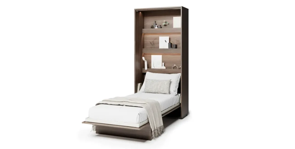Das ausgeklappte Wandklappbett Bed Concept BC-03 mit 90x200 cm Liegefläche im Dekor Eiche Dunin, frontale Ansicht freigestellt auf weißem Hintergrund.