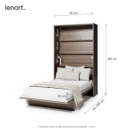 Technische Skizze des vertikalen Schrankbetts Bed Concept BC-02 (120x200 cm), die die genauen Abmessungen im geschlossenen und offenen Zustand für die optimale Raumplanung zeigt.