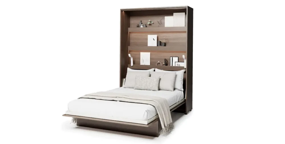 Das ausgeklappte Doppel-Wandklappbett Bed Concept BC-01 mit 140x200 cm Liegefläche im Dekor Eiche Dunin, frontale Ansicht freigestellt auf weißem Hintergrund