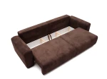 Das Cord-Schlafsofa Capri in Braun mit geöffnetem Bettkasten, der großzügigen Stauraum für Bettwäsche bietet, freigestellt auf weißem Hintergrund.