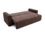 Das ausgeklappte Schlafsofa Capri im braunen Cordstoff Poso 06 mit bequemer Liegefläche, sauber freigestellt auf weißem Hintergrund.