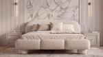Frontalansicht des gemütlichen Polsterbettes Dayton im beigen Farbton Quelle 03, das Eleganz und Schlafkomfort im Schlafzimmer ausstrahlt.