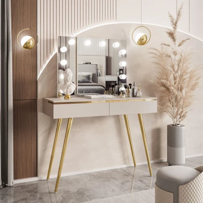 Hollywood Schminktisch AURORA-S ELITE (102 cm) – 12 LEDs & schräge Gold-Beine