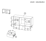 Technische Skizze des Sideboards ELENA mit detaillierten Maßangaben (140x81x40 cm), Fächeraufteilung und maximaler Belastung der Regalböden.
